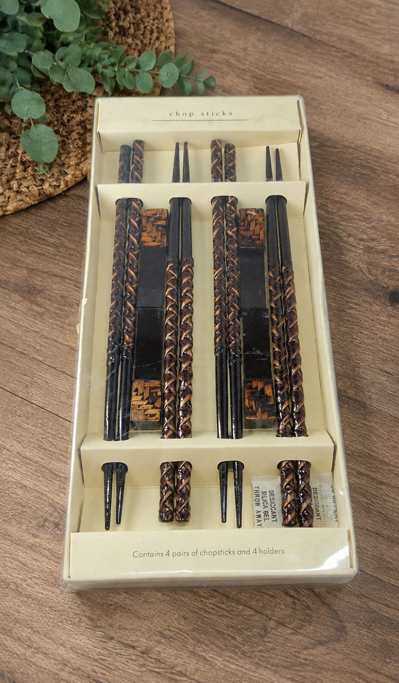 Pier 1 Imports 4 Pairs of Chopsticks with Rests Dark Brown Woven wood design